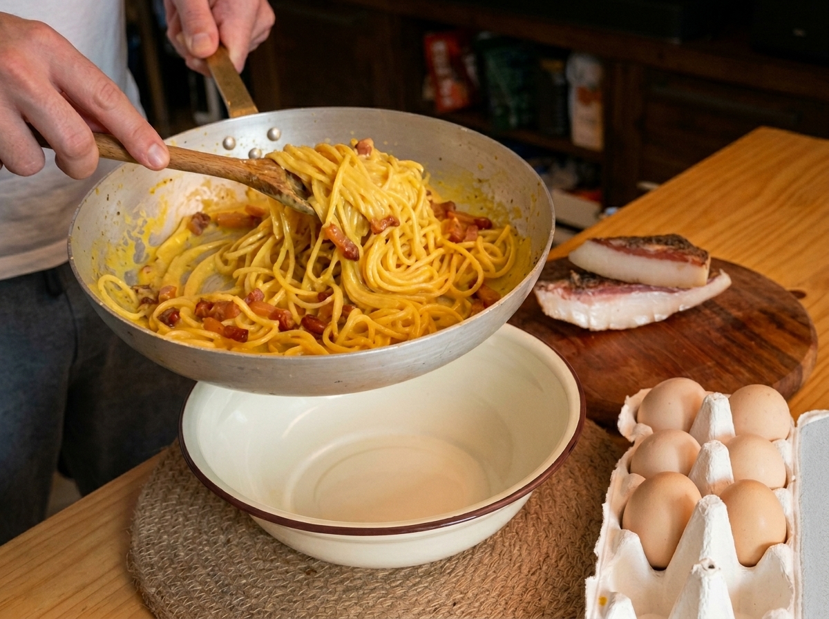Trasferire spaghetti cremosi e pezzi di guanciale croccante dalla padella a un piatto bianco.