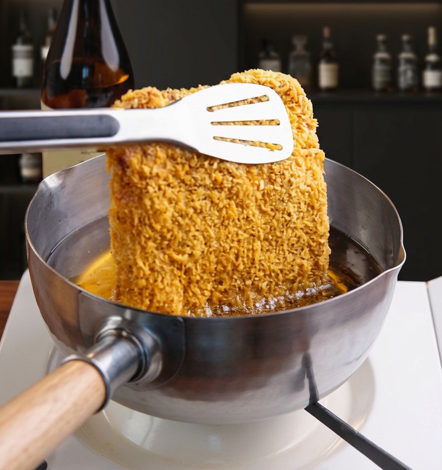 Una cotoletta di maiale impanata viene calata in una pentola con olio da frittura bollente usando una spatola e una pinza.