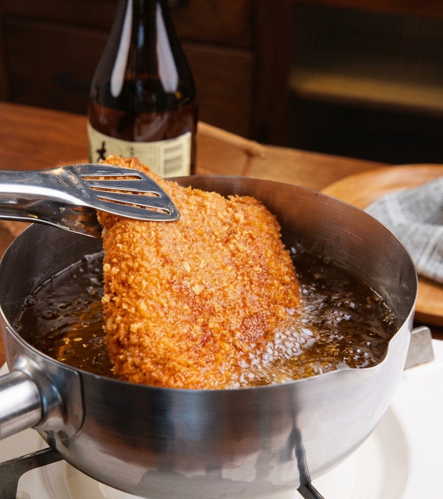 Una cotoletta di maiale fritta e dorata viene sollevata da una pentola di olio bollente usando pinze di metallo.