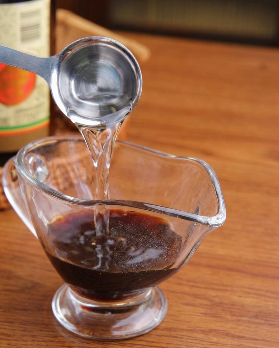 Liquido trasparente versato da un misurino in acciaio in una brocca contenente salsa di soia scura.