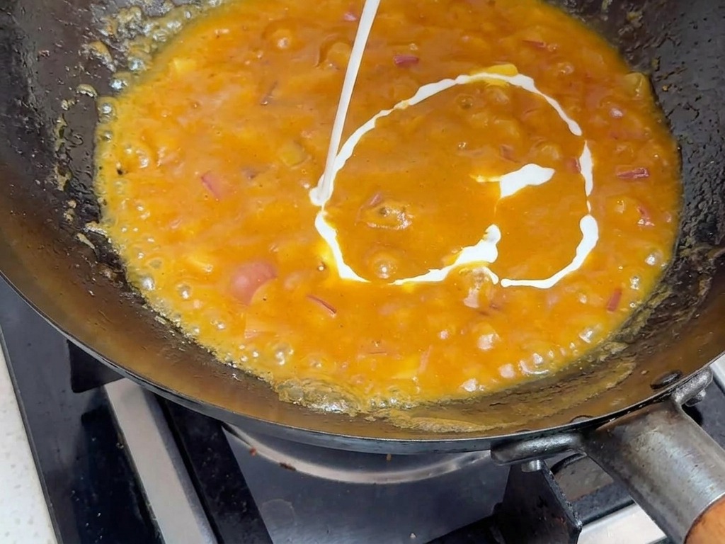 Latte di cocco bianco versato da un cartone in una densa e gorgogliante salsa al curry arancione in un wok nero.