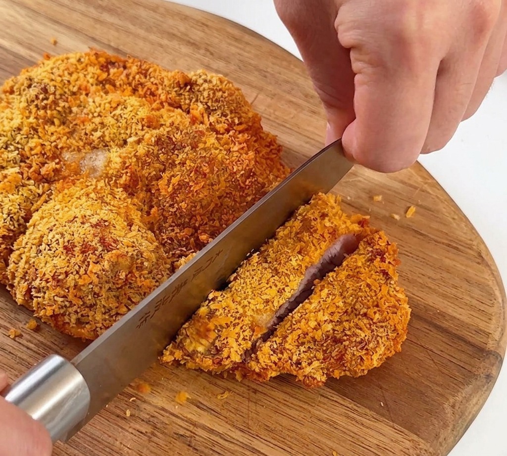 Una croccante cotoletta di maiale dorata tagliata a fette spesse su un tagliere di legno chiaro.