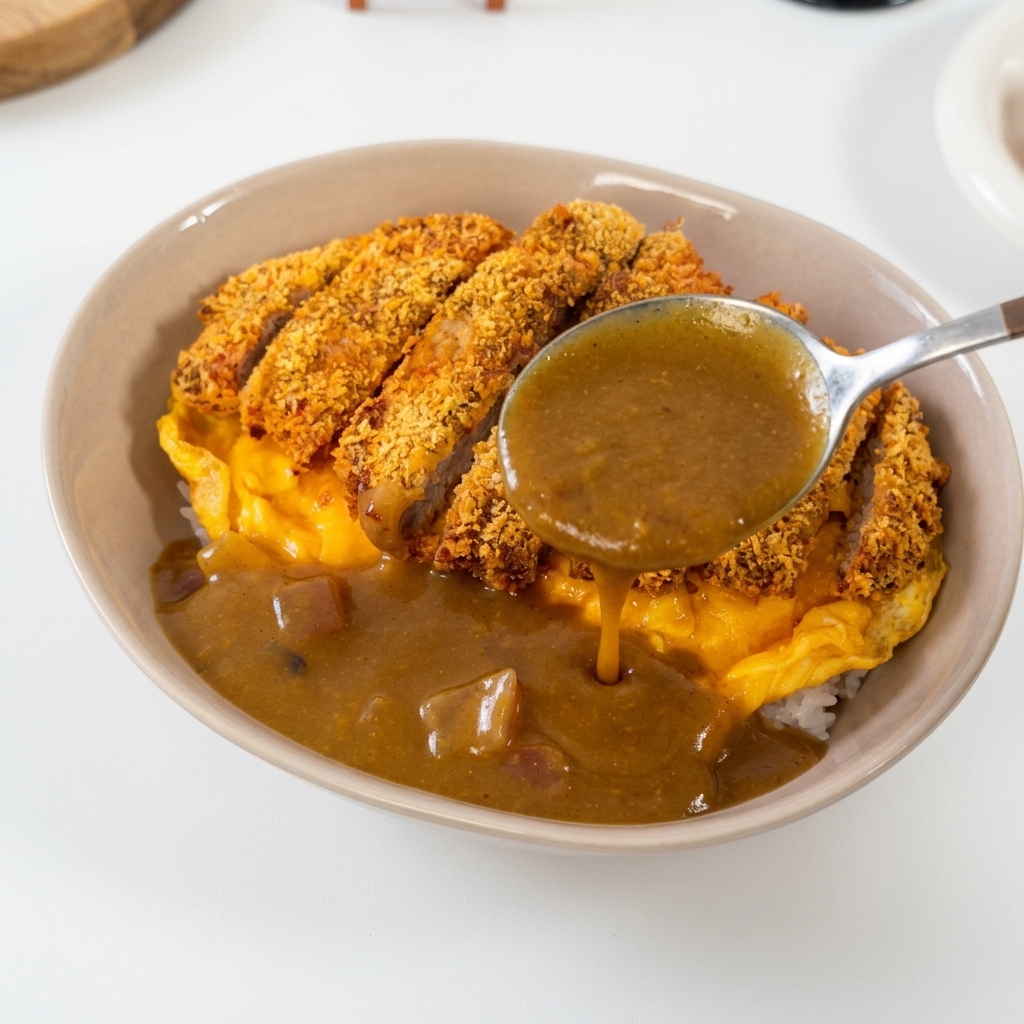 Un cucchiaio dargento che versa densa salsa al curry marrone scuro in una ciotola contenente riso, una frittata e una cotoletta di maiale impanata.