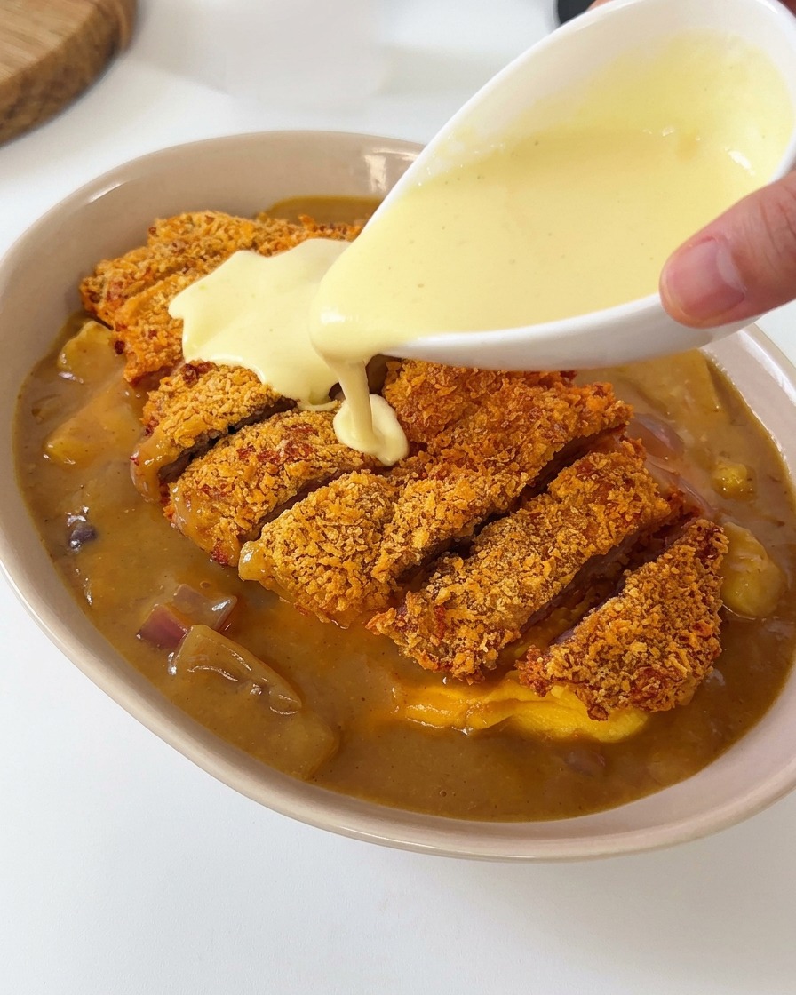 Salsa bianca e cremosa colata da una piccola ciotola bianca su una cotoletta di maiale impanata a fette ricoperta di curry.