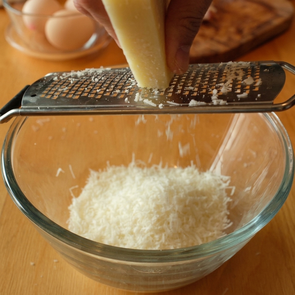 Mano che grattugia Pecorino Romano sopra i tuorli duovo in una ciotola trasparente.
