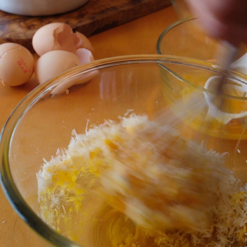 Una frusta che mescola rapidamente formaggio e tuorli fino a ottenere una pasta densa.