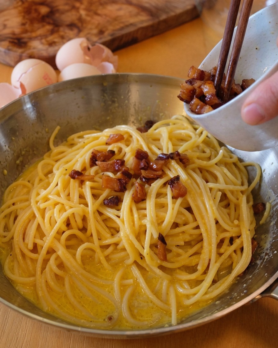 Aggiunta dei pezzetti di guanciale croccante nella padella di Carbonara cremosa.