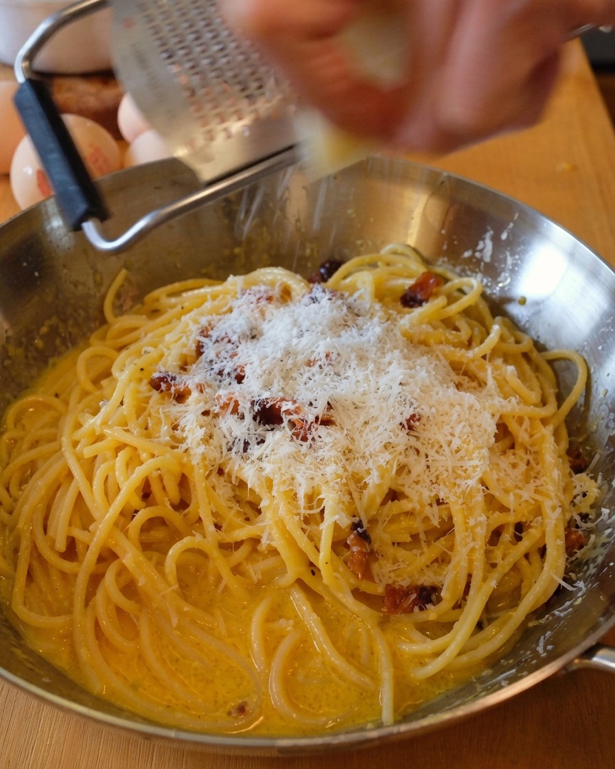 Mano che grattugia Pecorino Romano fresco sopra la padella di spaghetti alla Carbonara.
