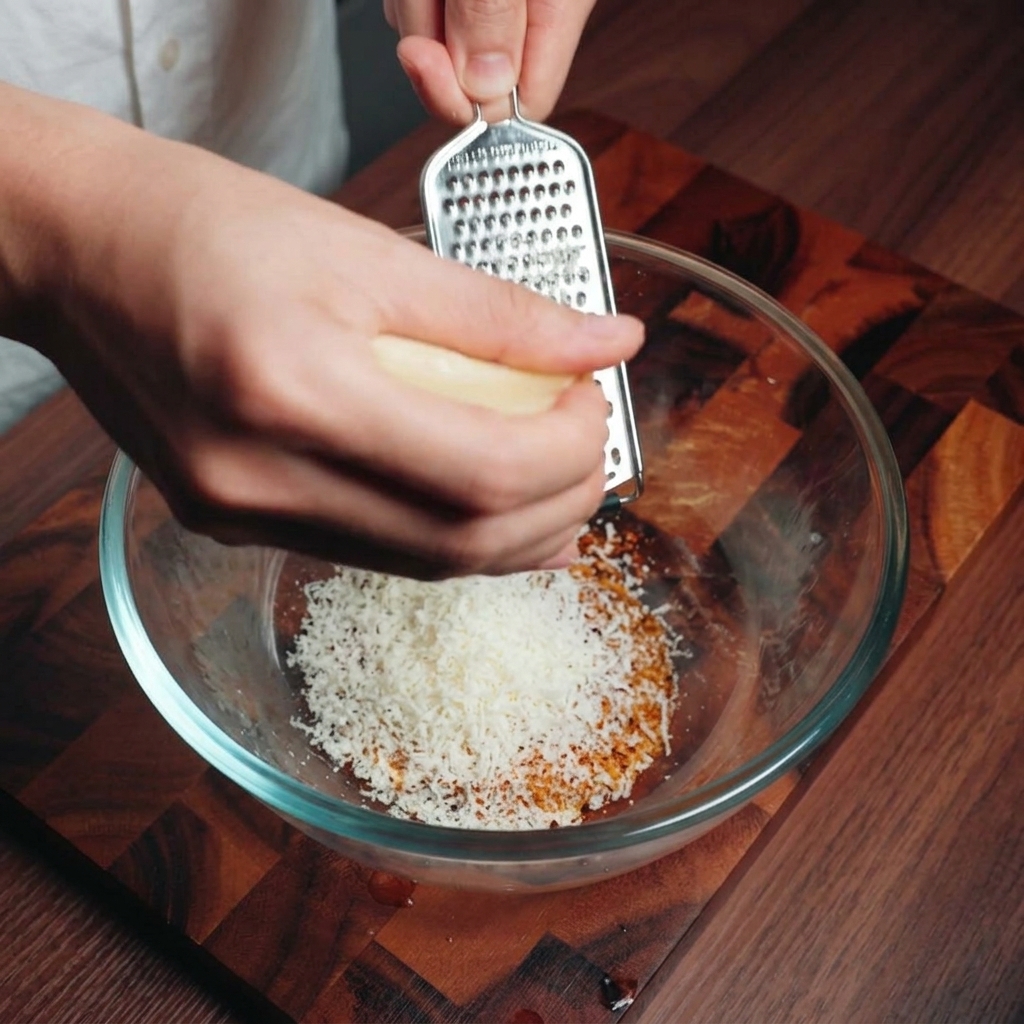 Una mano grattugia un pezzo di parmigiano con una grattugia sopra la ciotola con tuorli e pepe.