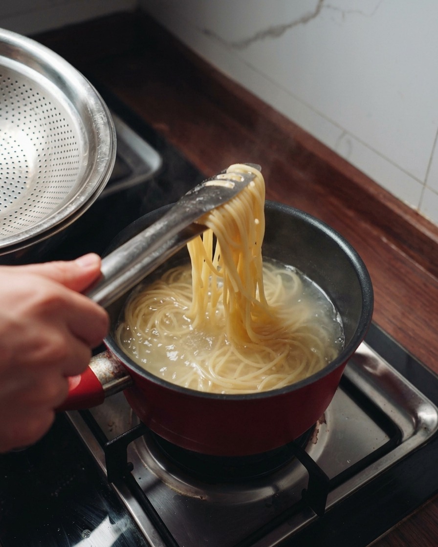 Una mano usa pinze di metallo per sollevare spaghetti fumanti da una pentola dacqua bollente.