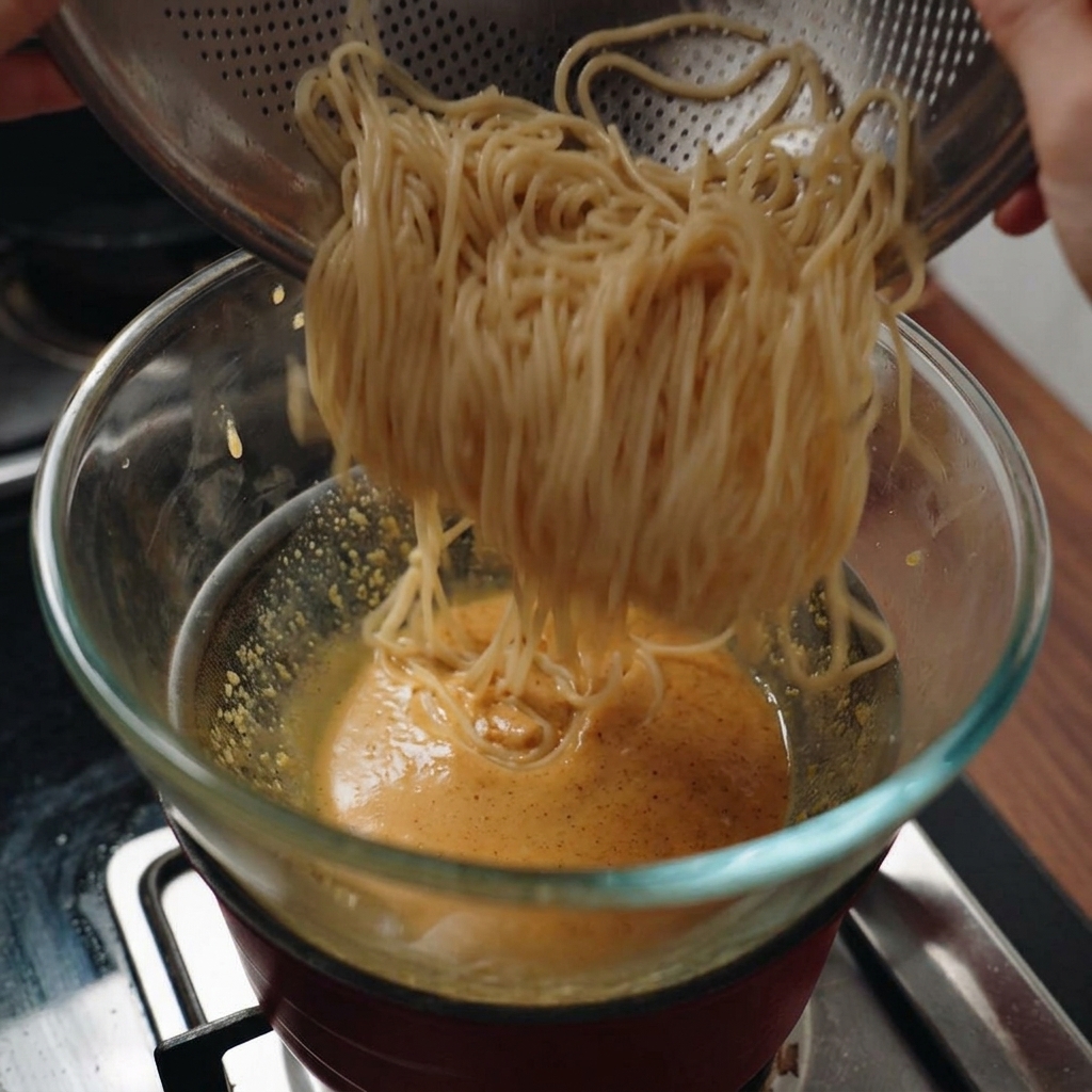 Trasferimento di spaghetti caldi da un colino in una ciotola di crema duovo posta sopra una pentola fumante.