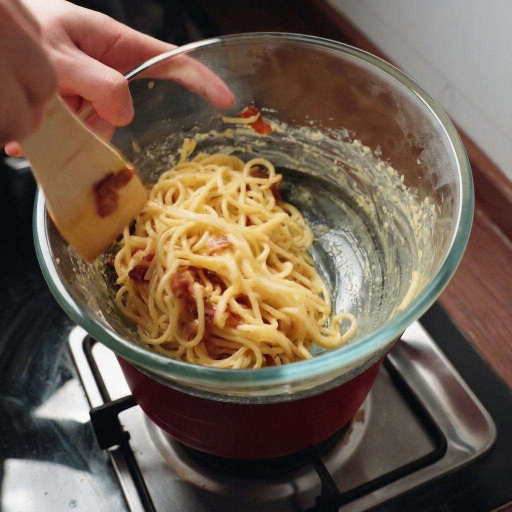 Mescolare spaghetti e guanciale croccante nella crema carbonara sopra un bagnomaria con una spatola.