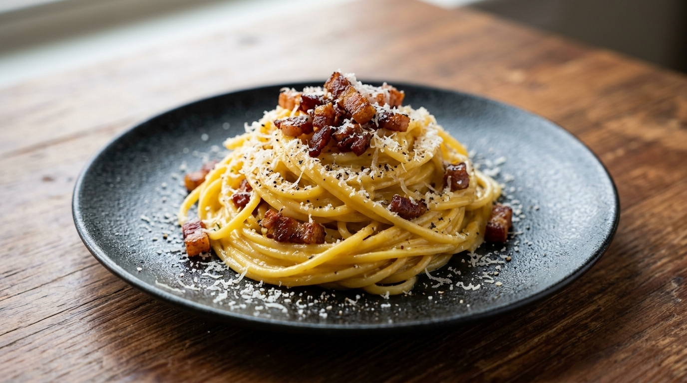 Un classico piatto di spaghetti alla carbonara guarnito con guanciale croccante, pepe nero macinato fresco e pecorino grattugiato.