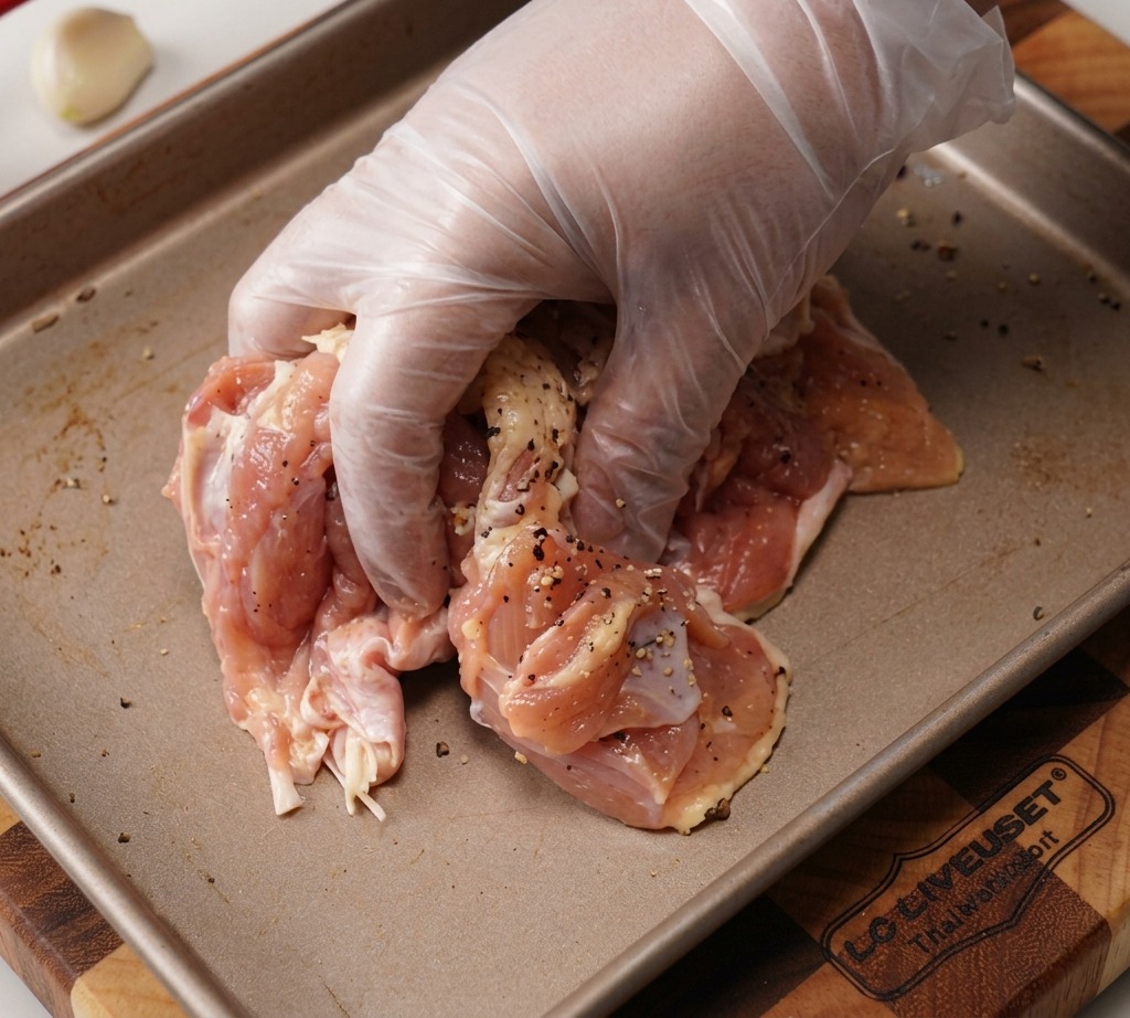Una mano con un guanto di plastica trasparente massaggia e mescola le sovracosce di pollo con i condimenti su una teglia di metallo.