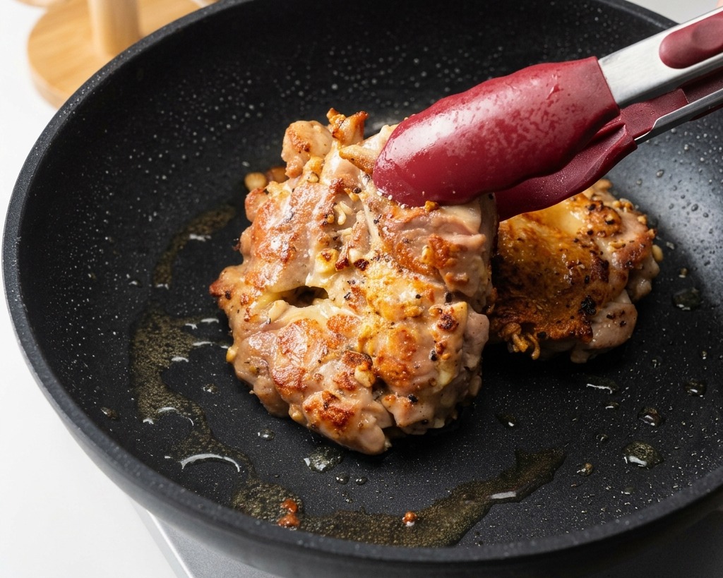 Sovracosce di pollo girate con pinze dalle punte rosse in una padella scura, mostrando una pelle perfettamente dorata e croccante.