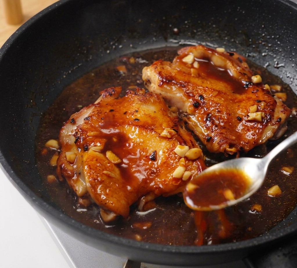 Due sovracosce di pollo dorate che sobbollono in una salsa scura e lucida mentre vengono nappate con un cucchiaio.