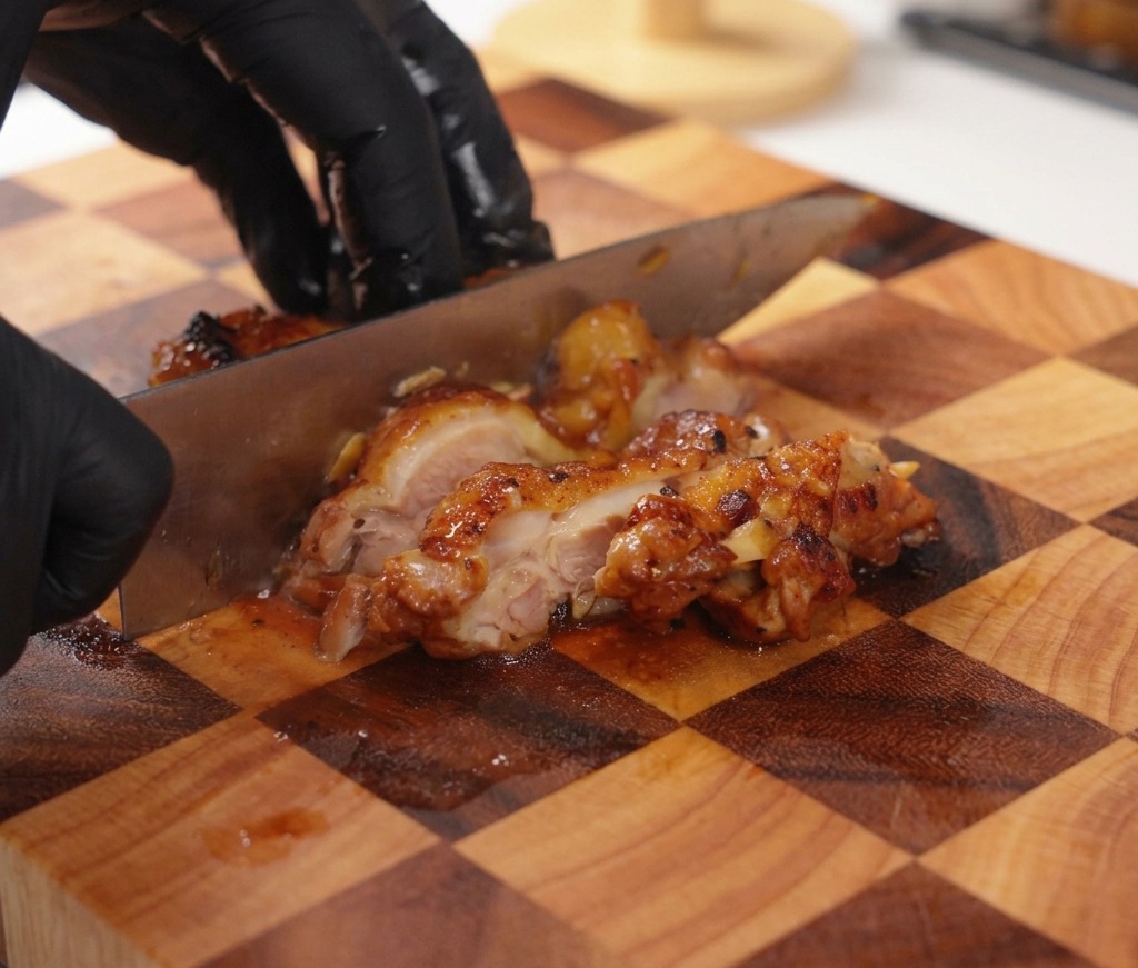 Una persona con guanti neri usa un grosso coltello per tagliare una sovracoscia di pollo cotta e glassata di marrone scuro su un tagliere di legno a scacchi.