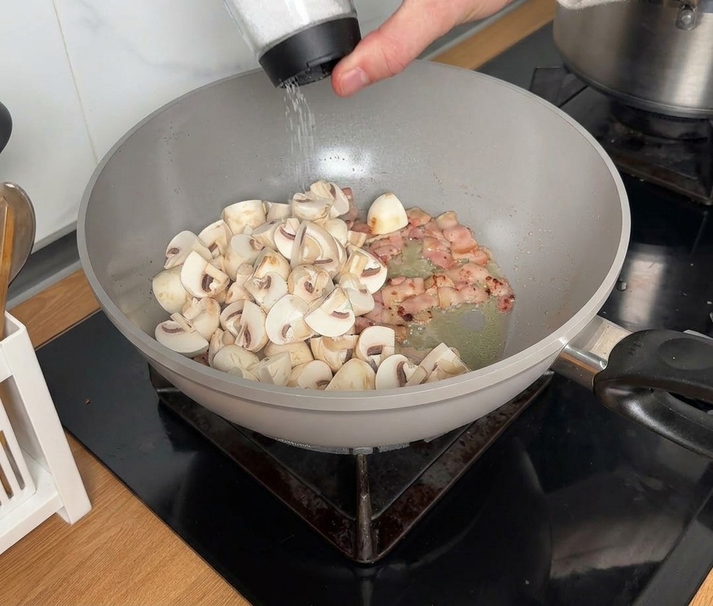 Una mano che condisce funghi e pancetta saltati in un wok grigio.
