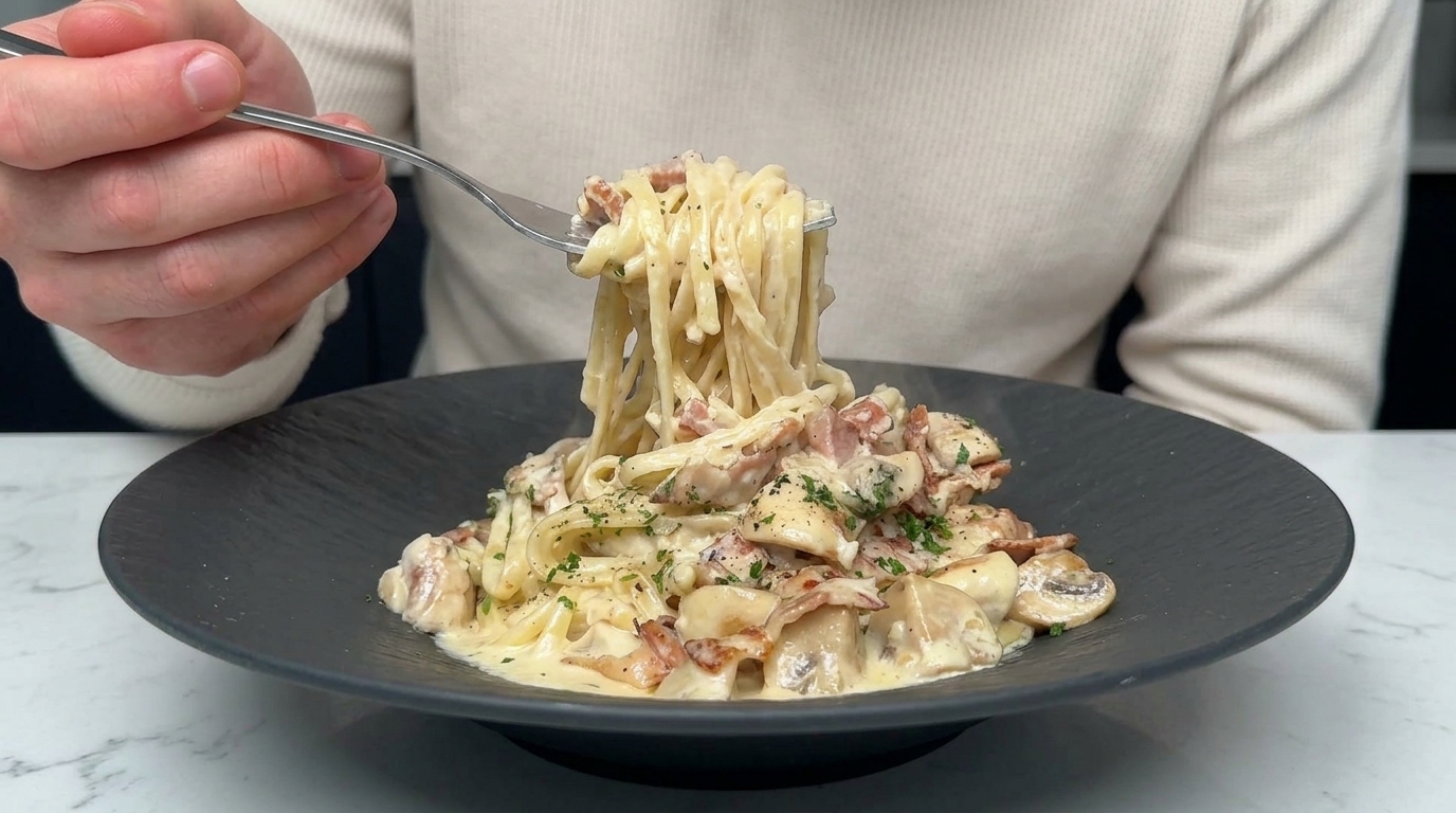 Linguine Cremose con Pancetta e Funghi Champignon
