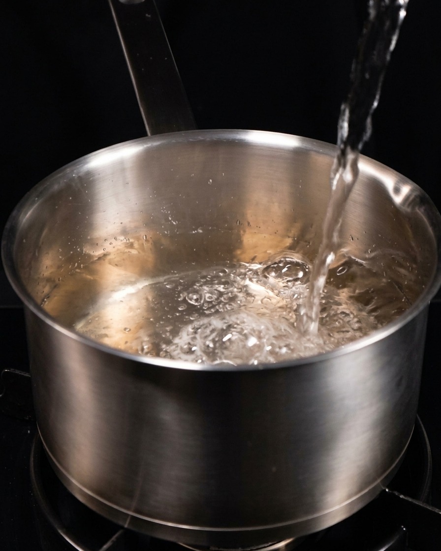 Acqua limpida che viene versata abbondantemente allinterno di una grande pentola vuota in acciaio inossidabile.