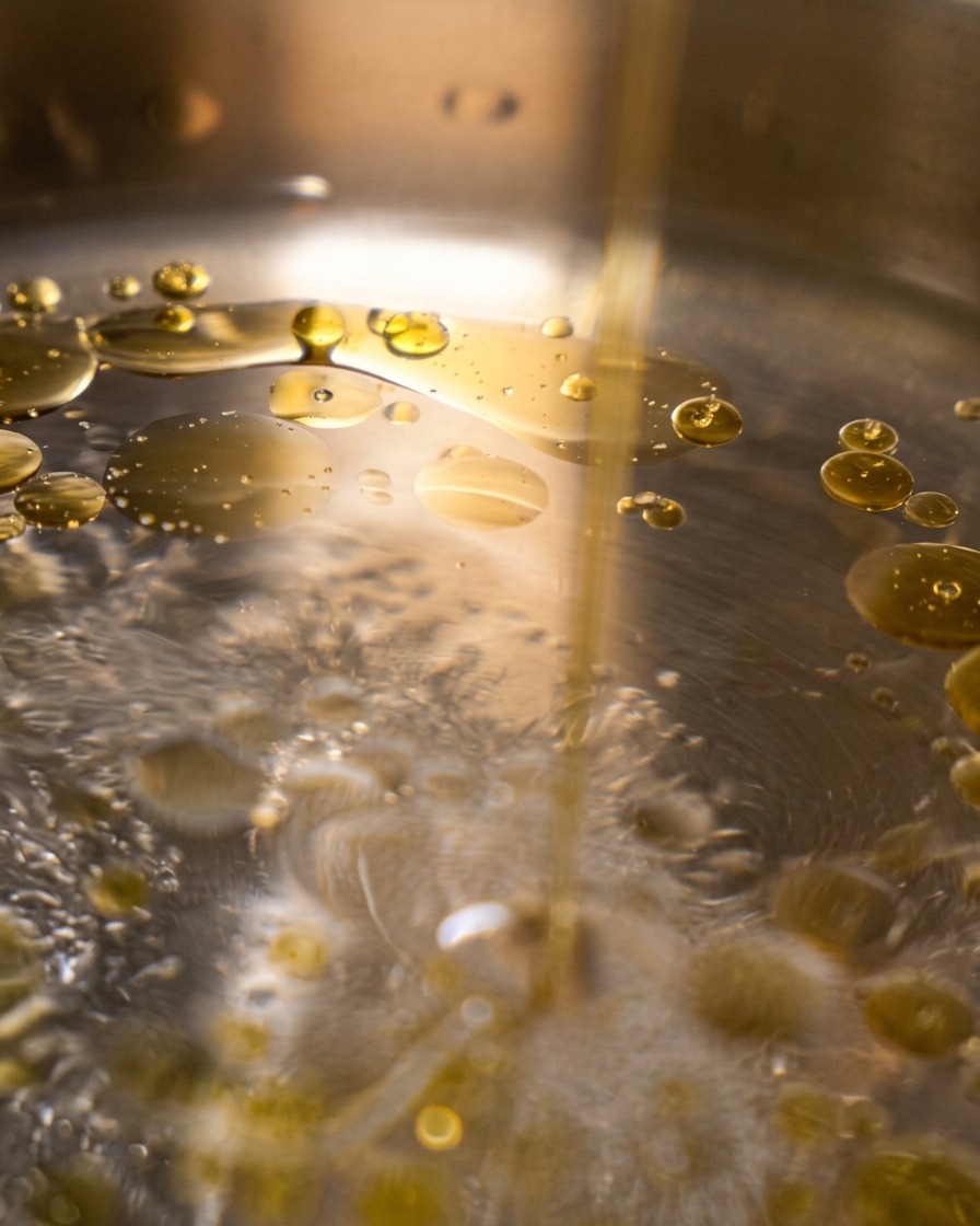 Gocce dorate di olio doliva che galleggiano sulla superficie dellacqua in ebollizione.