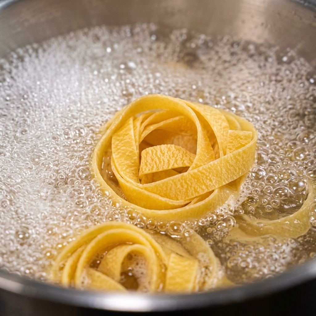 Un nido di tagliatelle secche arrotolate che bolle vivacemente in una pentola dacqua.