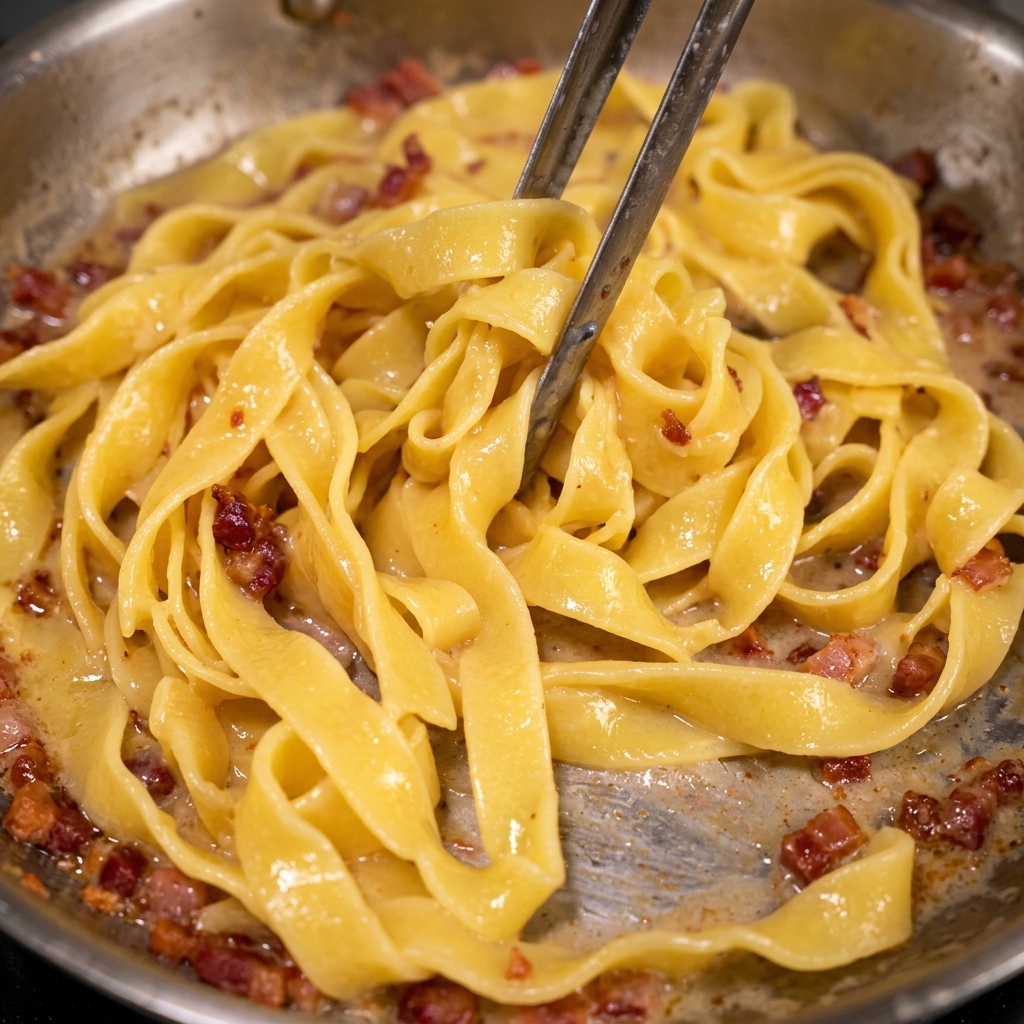 Pinze di metallo che mescolano le tagliatelle cotte con cubetti di bacon croccante e una salsa ricca in una padella.