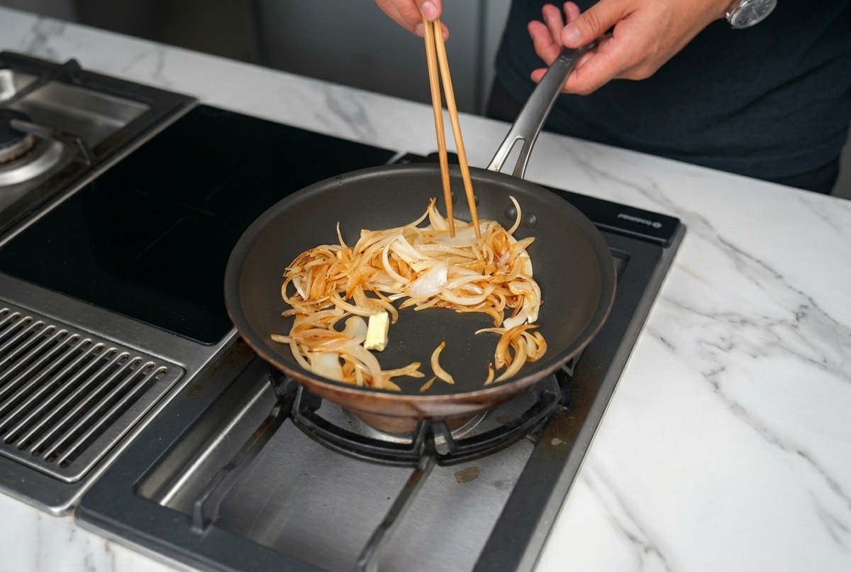 Cipolle a fette saltate in padella con le bacchette, mescolate con un pezzetto di burro che si scioglie.