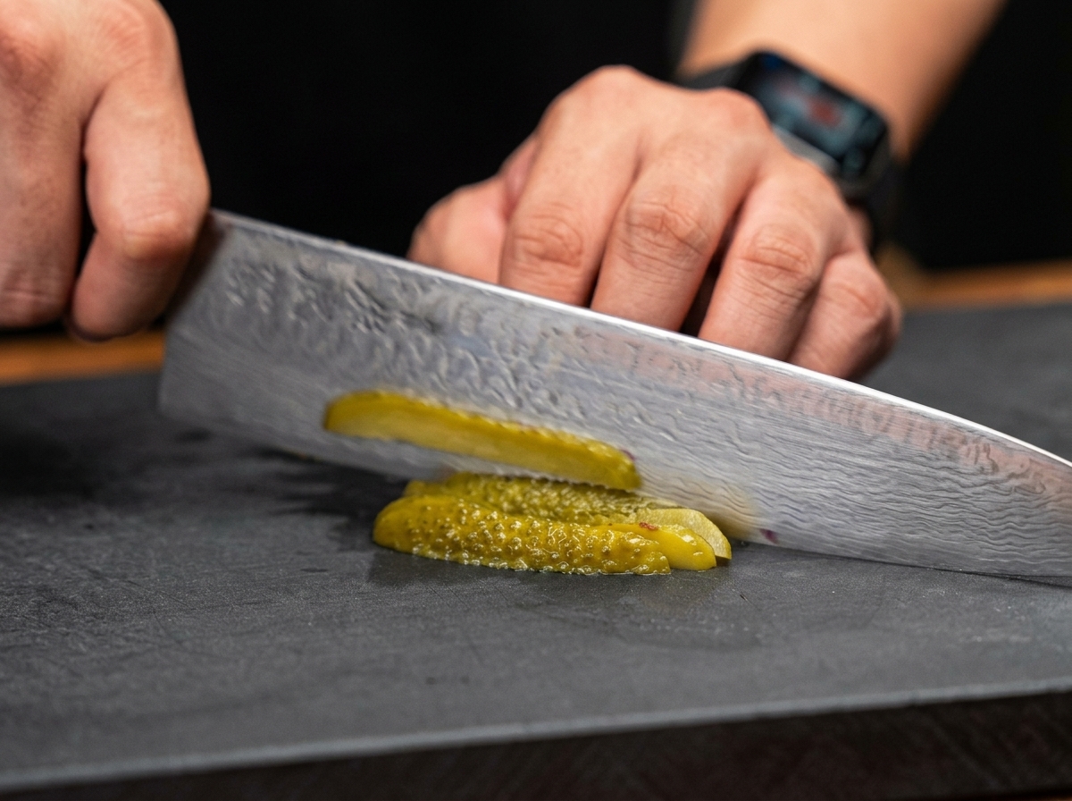 Primo piano di un coltello da chef che trita finemente dei cetriolini sottaceto su un tagliere scuro.