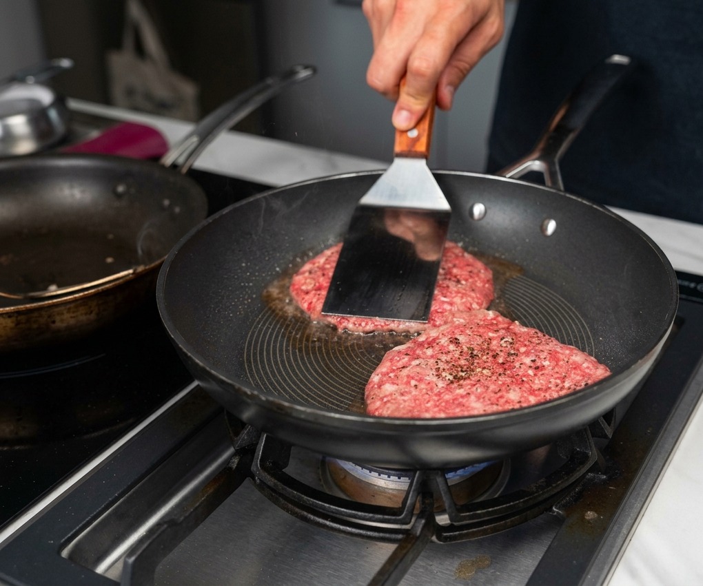 Due hamburger di manzo che rosolano in una padella calda, con una spatola di metallo che ne preme uno contro la superficie di cottura.