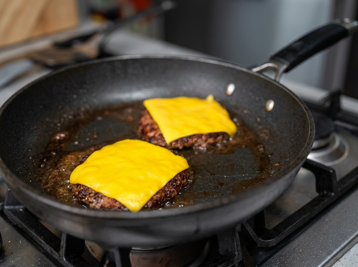 Due hamburger di manzo rosolati in padella, ciascuno ricoperto da una fetta quadrata di formaggio cheddar giallo perfettamente fuso.