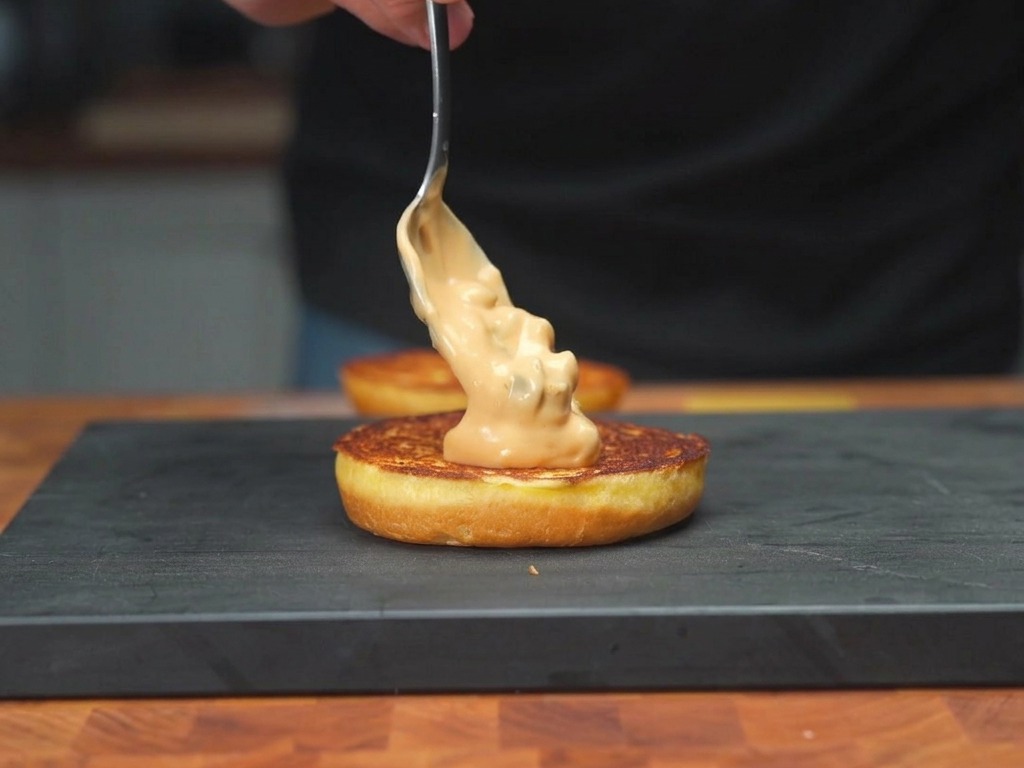 Spalmare una salsa rosata e cremosa su un panino brioche tostato con un cucchiaio di metallo.