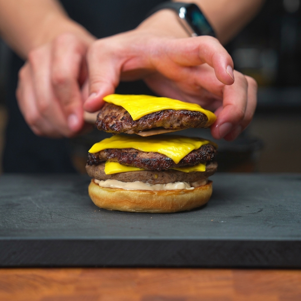 Una mano che usa una spatola per posizionare un secondo hamburger ricoperto di formaggio su quello alla base del panino tostato.