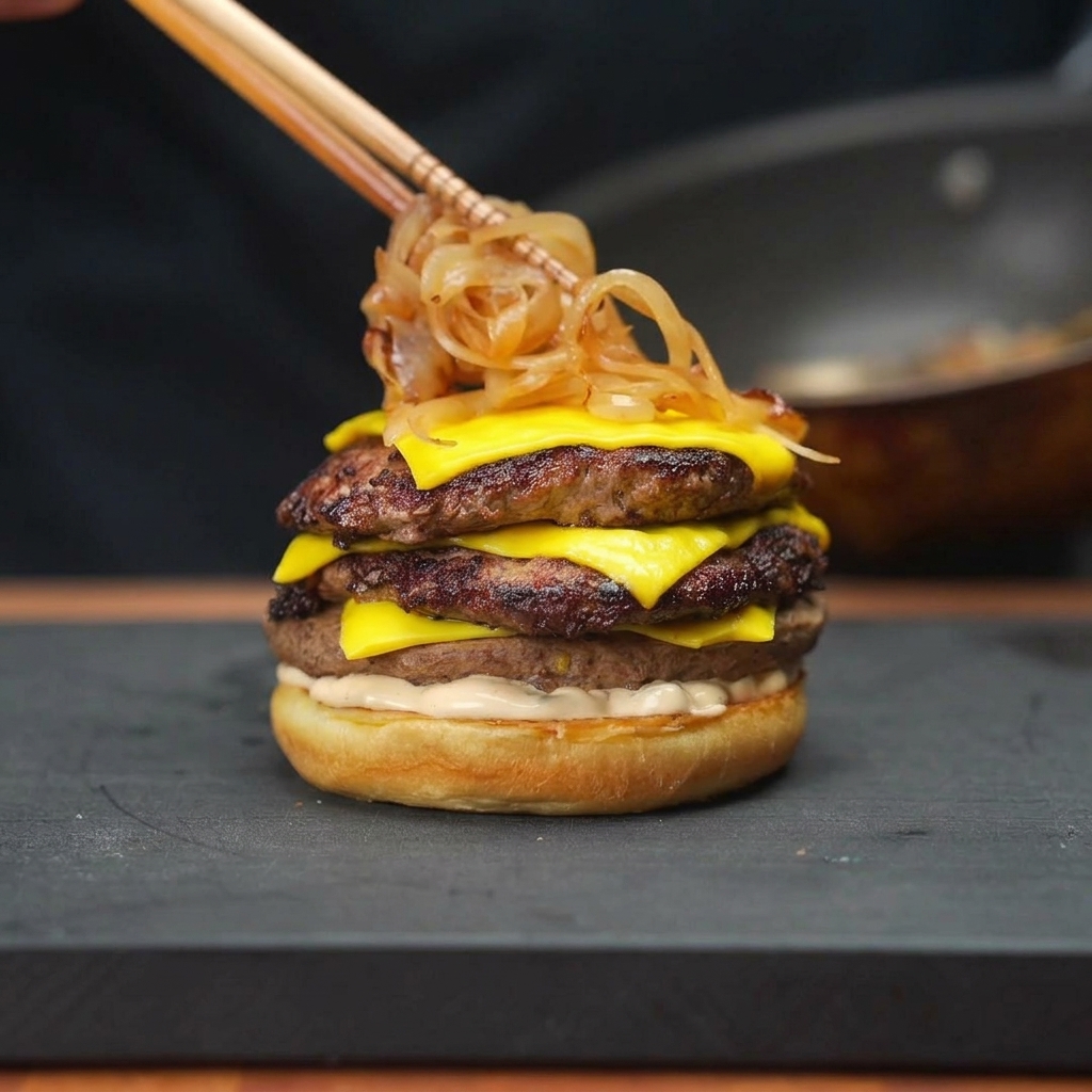 Posizionare una montagnetta di cipolle caramellate morbide e scure su un doppio cheeseburger usando delle bacchette di legno.