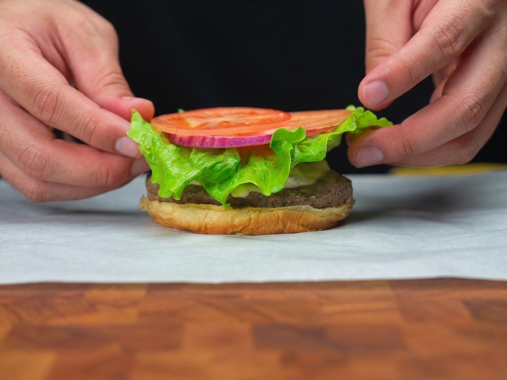 Disporre lattuga verde fresca e una fetta di pomodoro sopra un hamburger di manzo cotto.