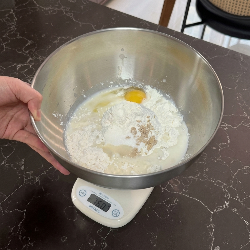 Una ciotola in acciaio inossidabile su una bilancia da cucina piena di latte, un uovo e una montagnetta di farina con lievito secco.