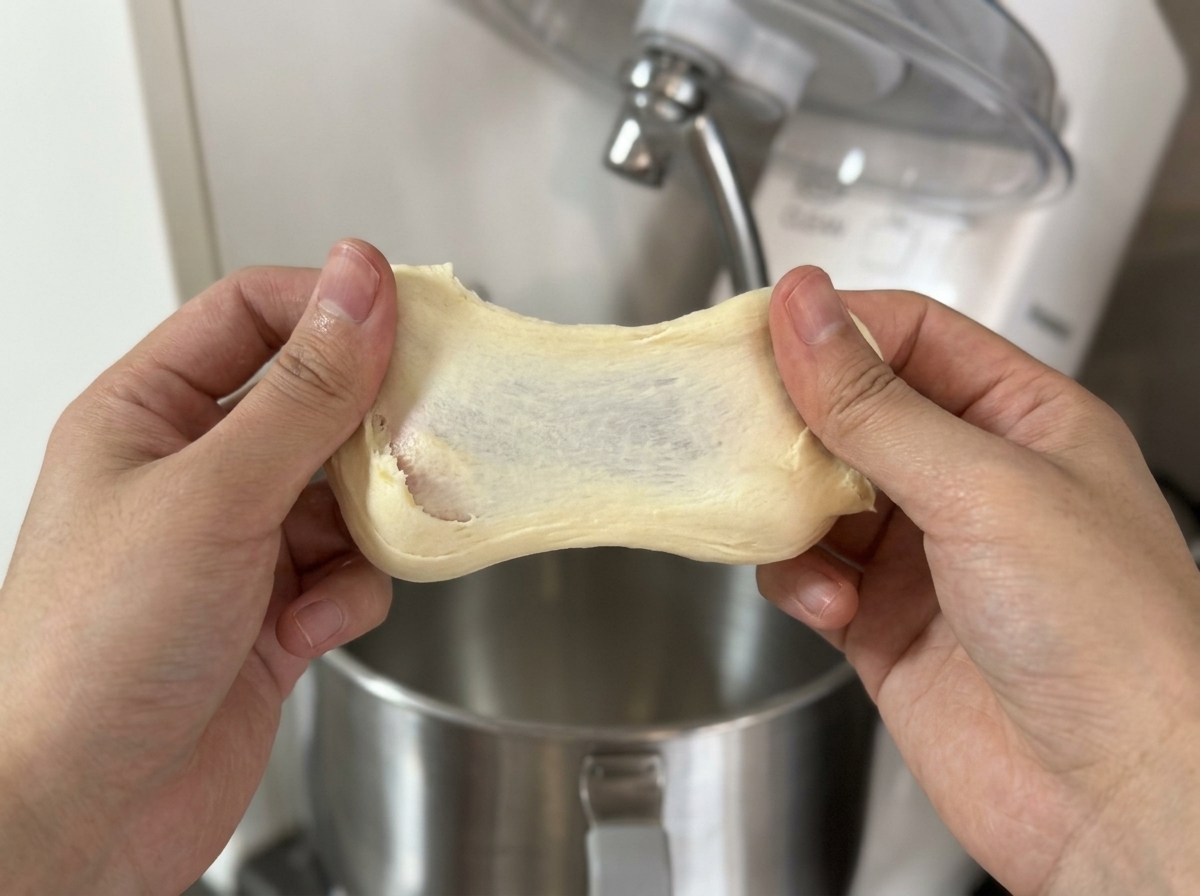 Due mani che tirano delicatamente un piccolo pezzo di impasto per rivelare una membrana sottile e traslucida.