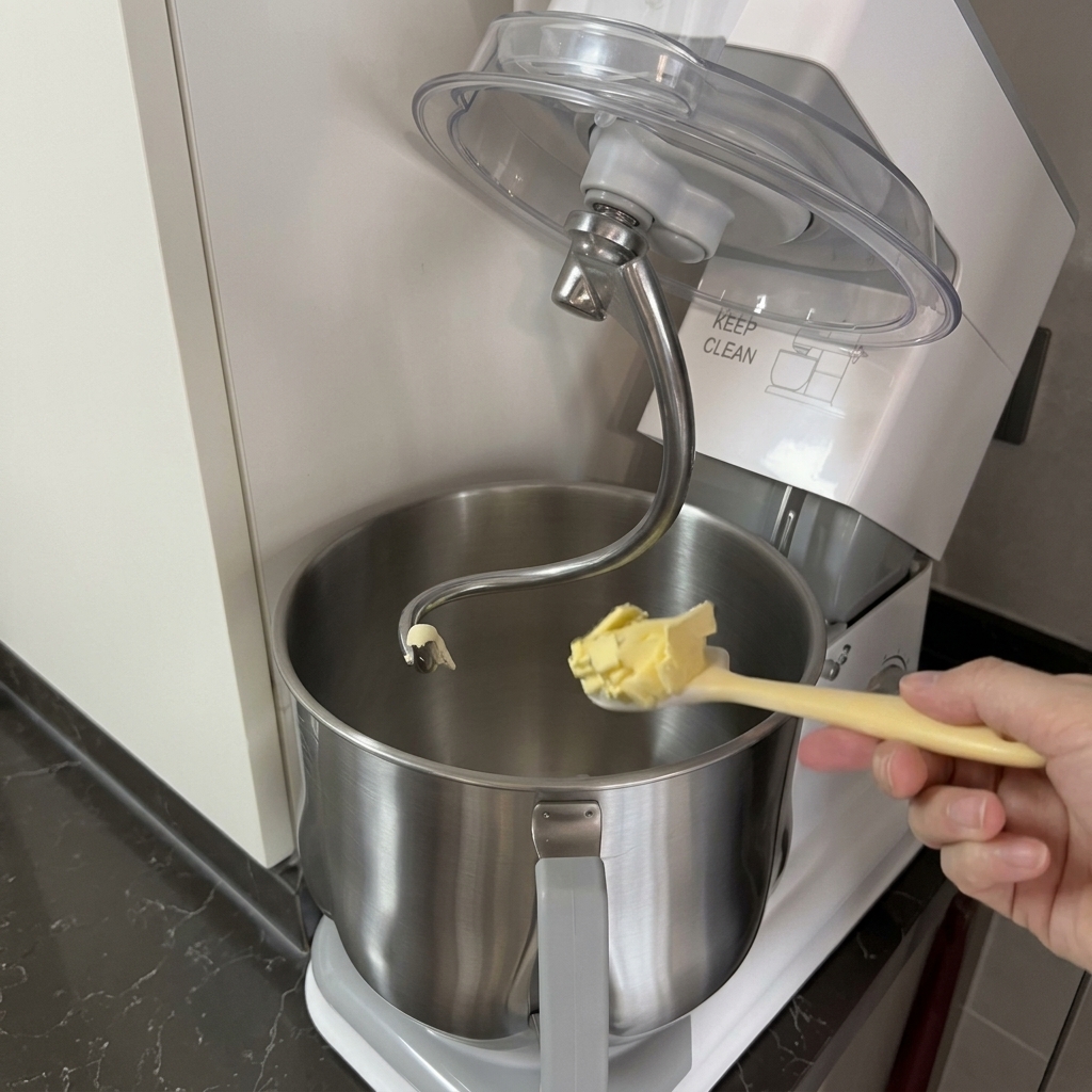 Una mano che usa una spatola per aggiungere un cubetto di burro giallo in una ciotola di acciaio inox contenente impasto per pane.