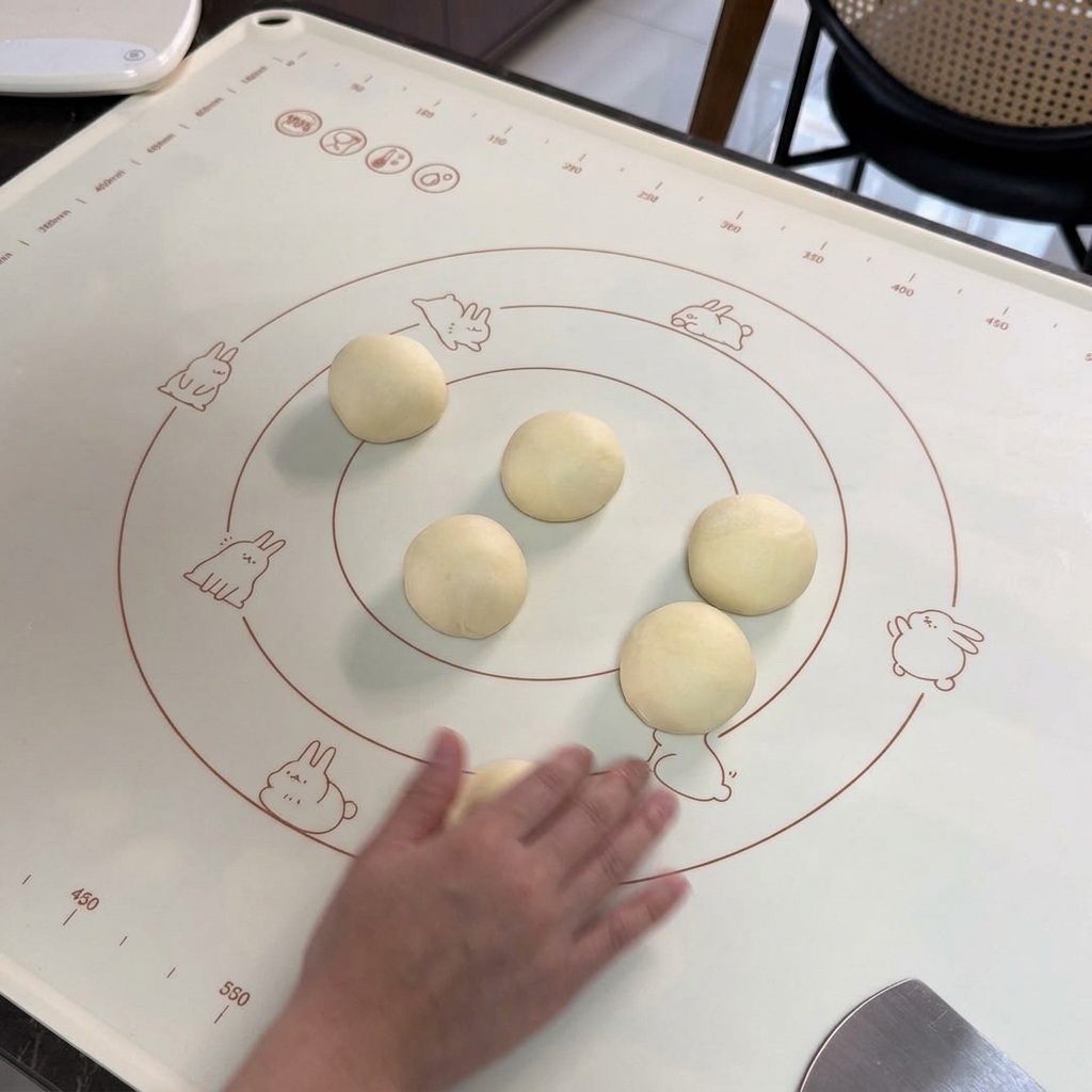 Una mano che arrotola un piccolo pezzo di impasto chiaro a forma di sfera su un tappetino di silicone bianco decorato con illustrazioni di conigli.