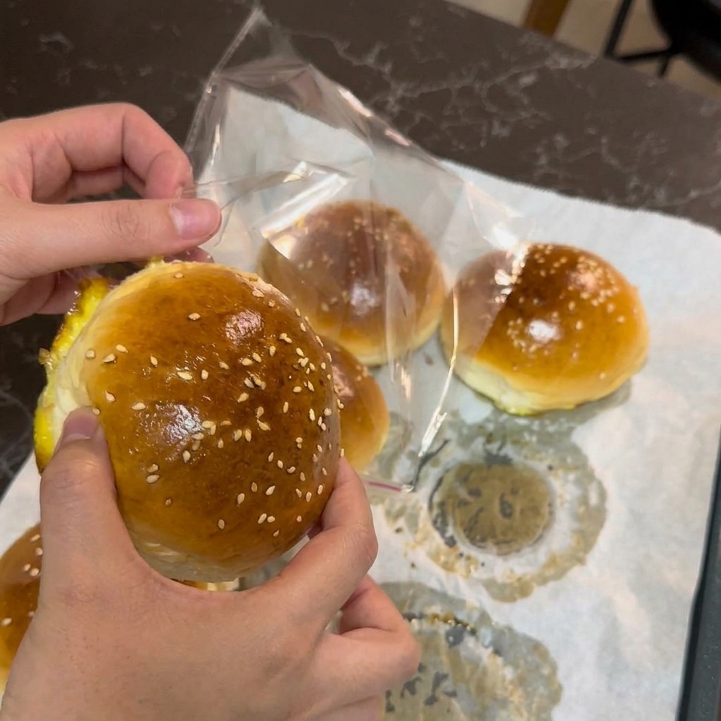 Una persona che infila un panino per hamburger al sesamo cotto in un sacchetto di plastica trasparente per alimenti.