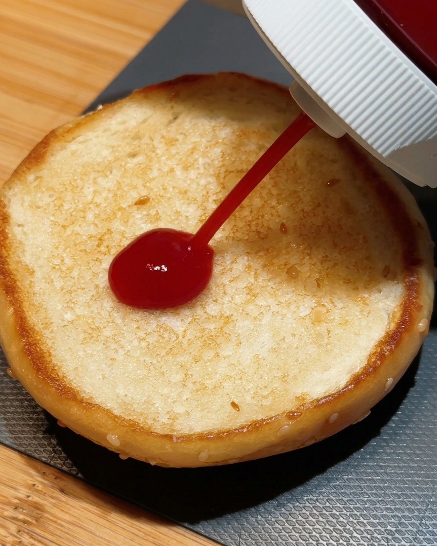 Spremere unabbondante dose di ketchup rosso da una bottiglia sulla superficie tostata di un panino per hamburger.