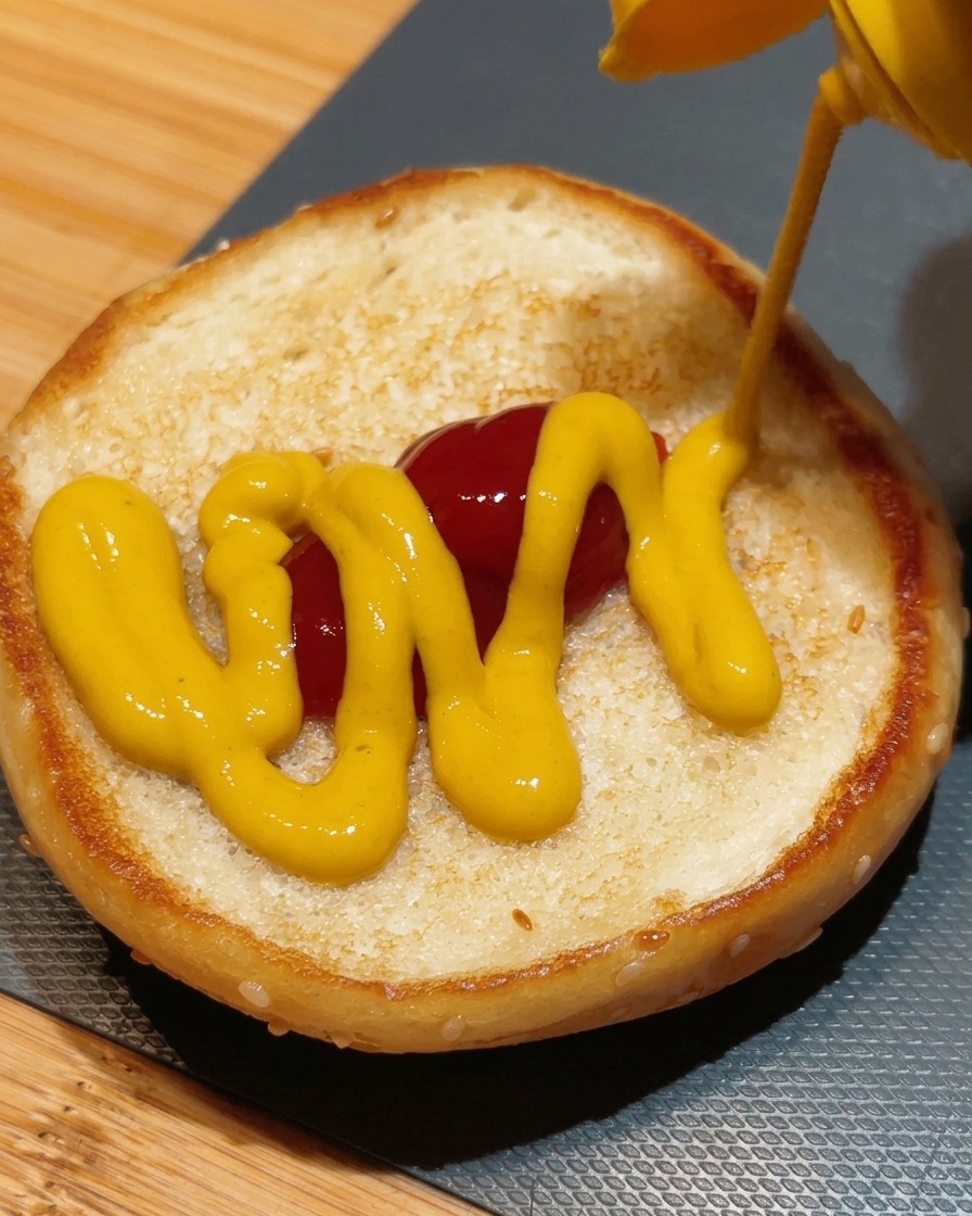 Aggiungere a spirale la senape gialla sopra il ketchup sulla base tostata del panino.