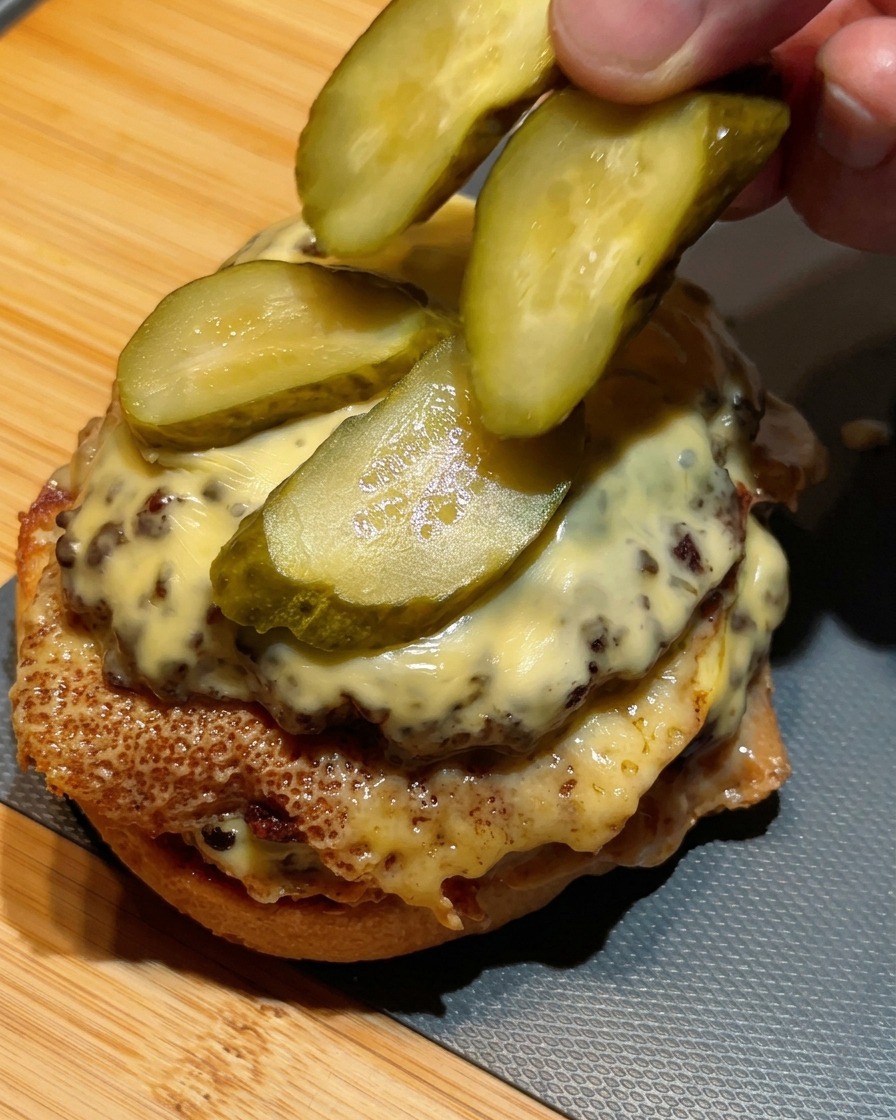 Dita che sistemano fettine di cetriolino verde sulla cima di un doppio cheeseburger.