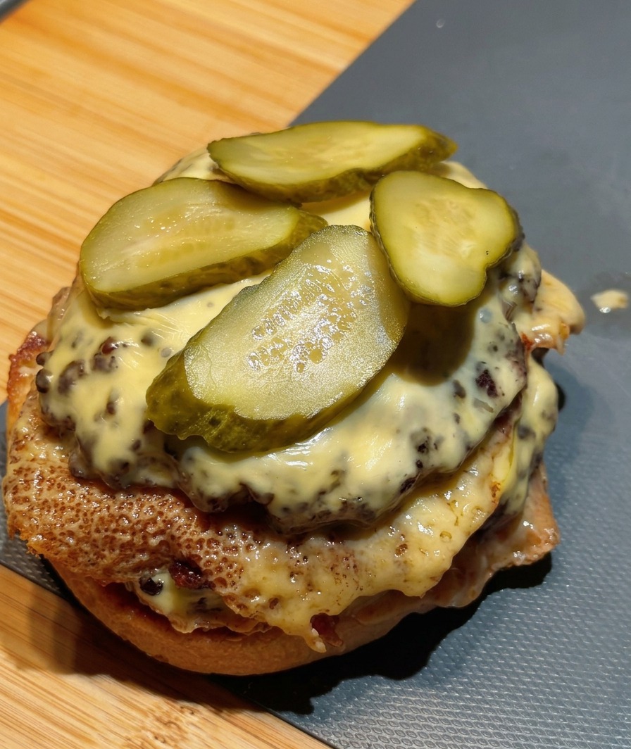 Quattro fette di cetriolino adagiate su un doppio cheeseburger pronto nel suo panino.