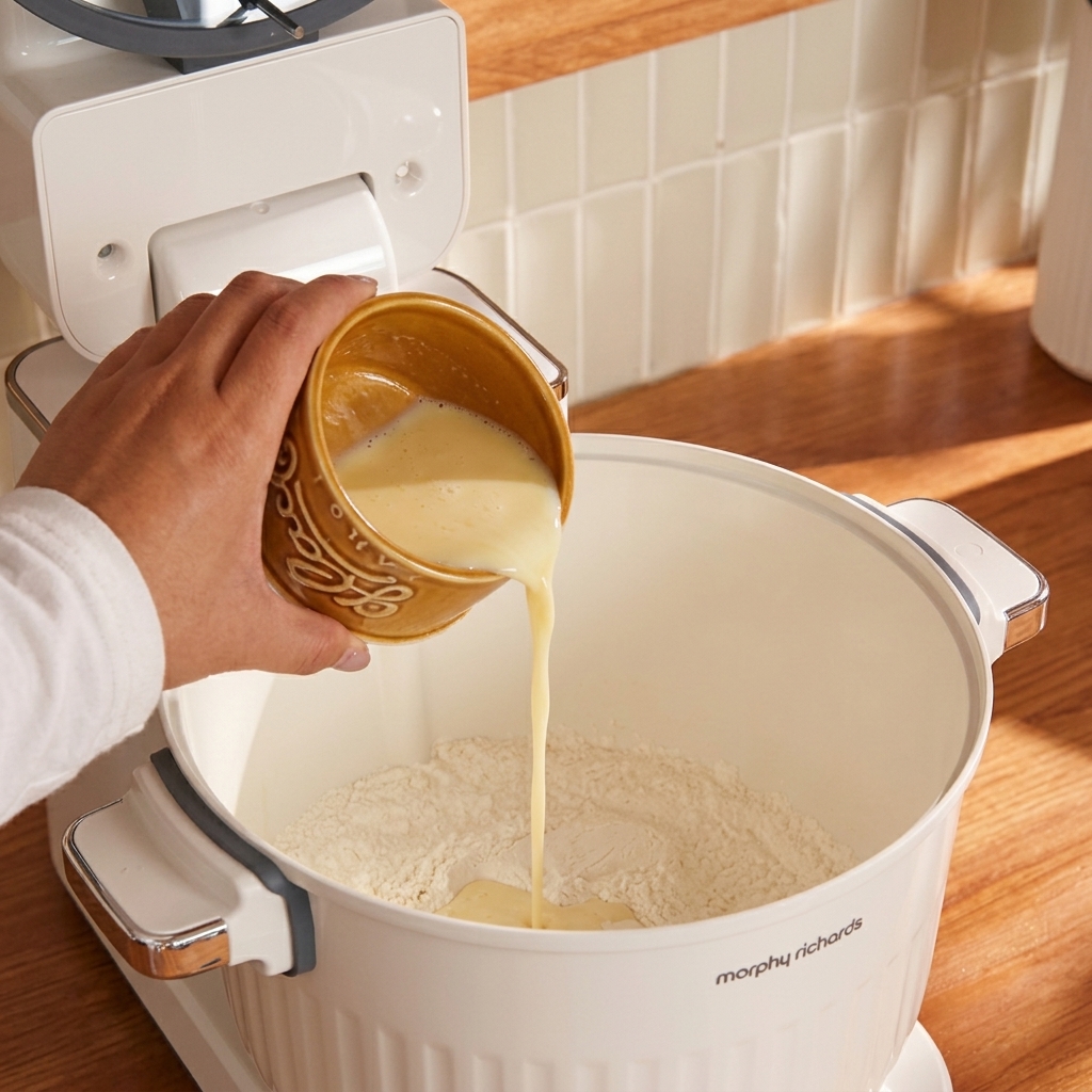 Una mano versa il latte in una ciotola di una planetaria contenente gli ingredienti secchi.