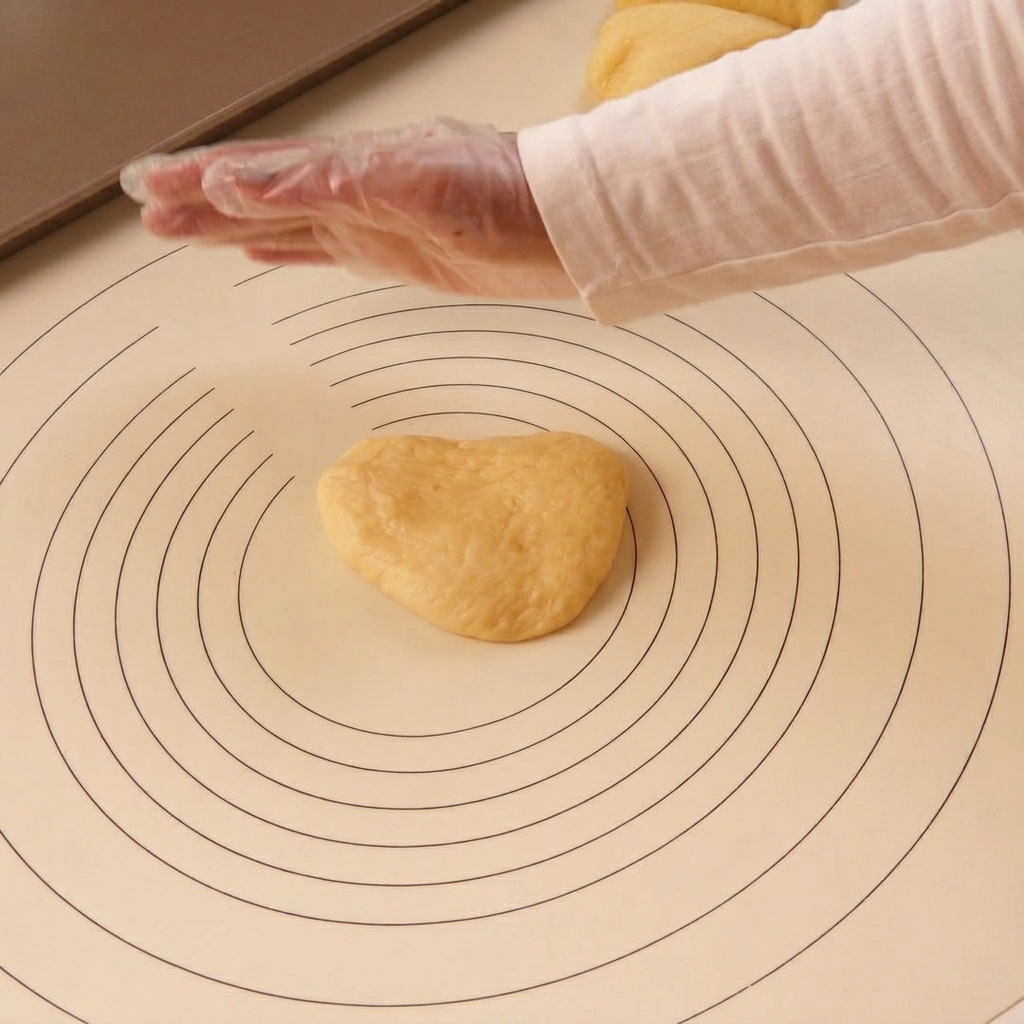Una mano che ruota una pallina di impasto sul piano di lavoro per renderla liscia e tesa.