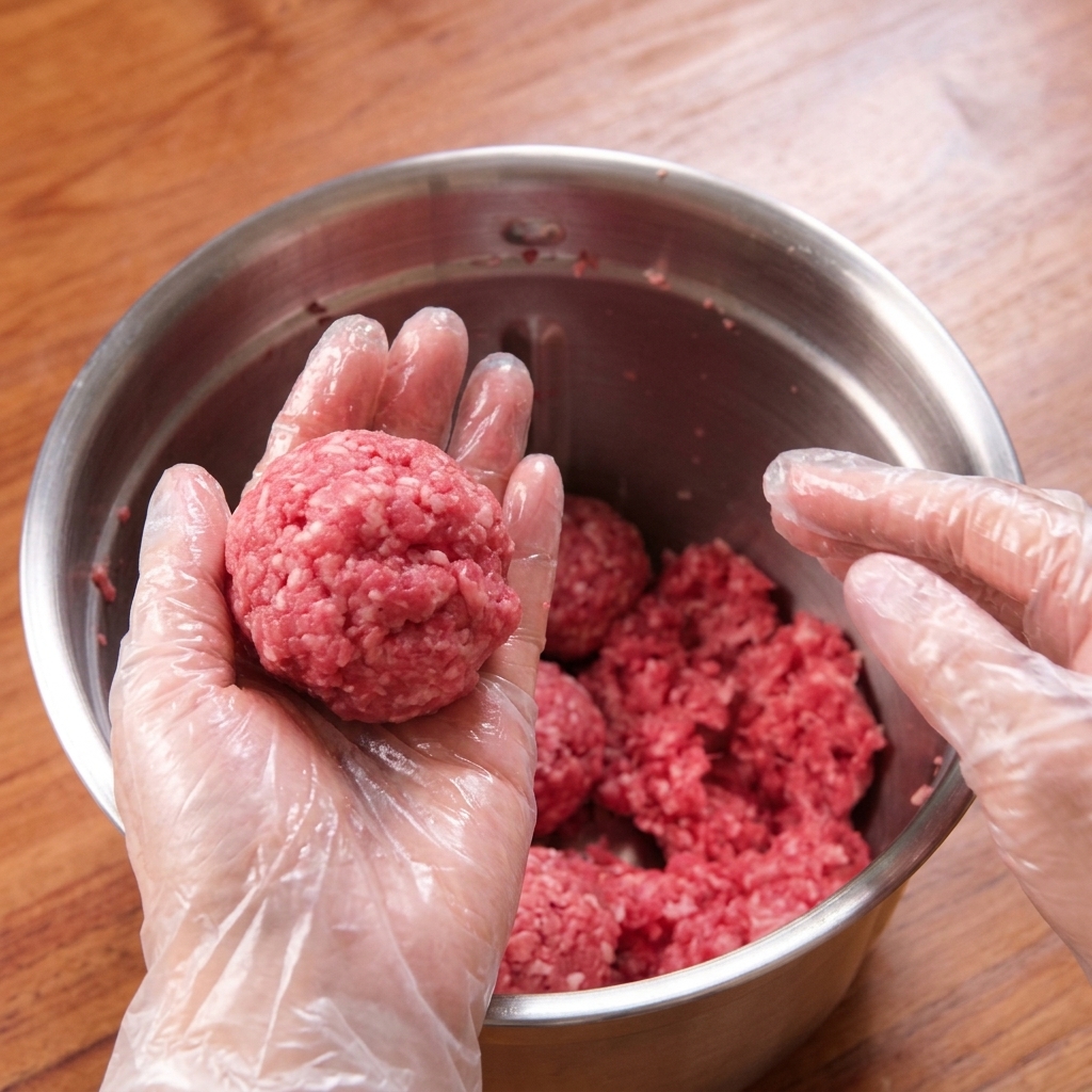 Mani che sbattono una pallina di carne macinata per compattarla.