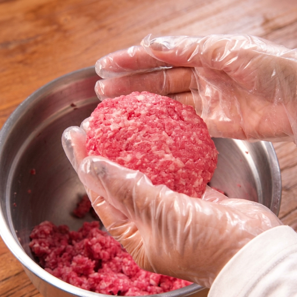 Mani che schiacciano una pallina di carne per formare un disco piatto.