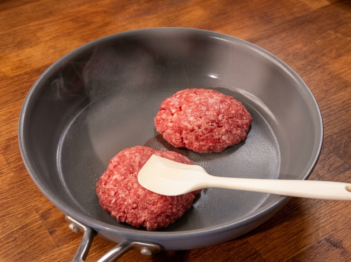 Due burger che sfrigolano in una padella rovente mentre una spatola ne preme uno.