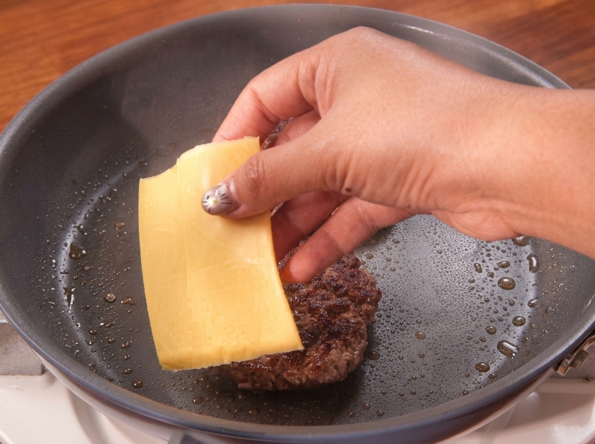 Una fetta di formaggio appoggiata su un burger rosolato allinterno della padella.